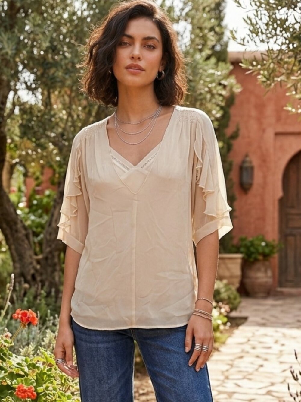 Madison Marcus Beige Silk Faux Layered Ruffle Sleeve Blouse Size X-Small